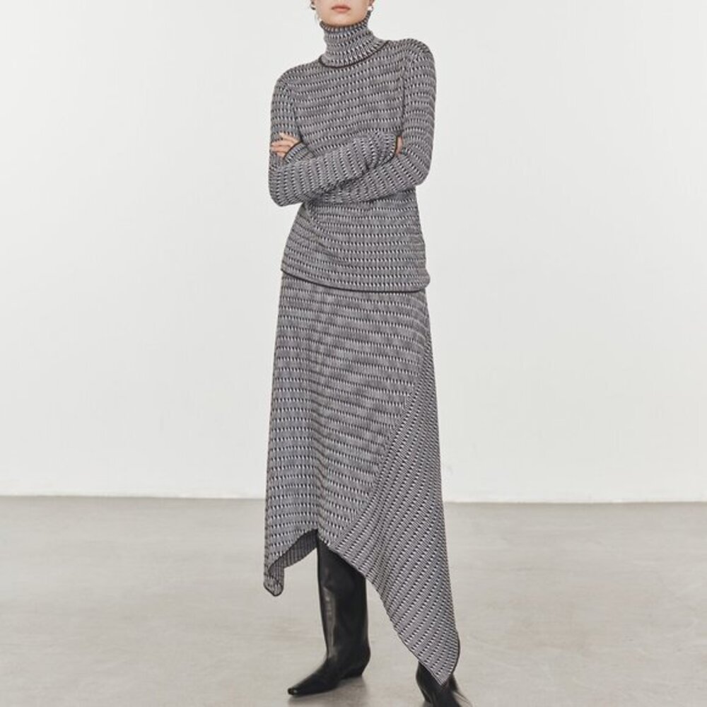 CHICJOC Women Italian SUPER 120S fine wool jacquard asymmetrical midi sk…